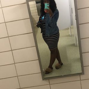 Striped body con dress burgundy white and blue